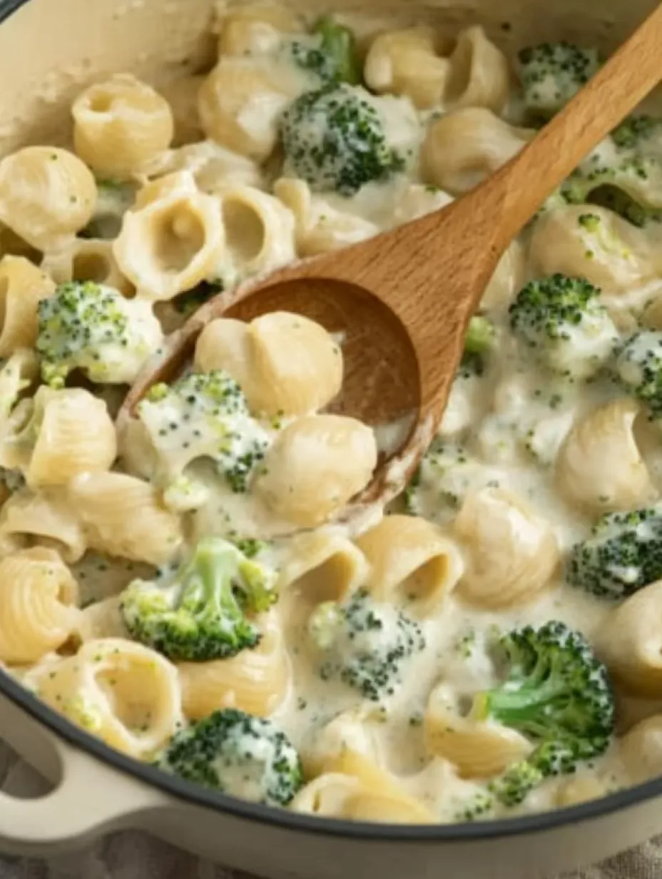 Ein Bild von einer Pasta- und Broccoli-Mischung, die in einem Schüssel oder Topf serviert wird.