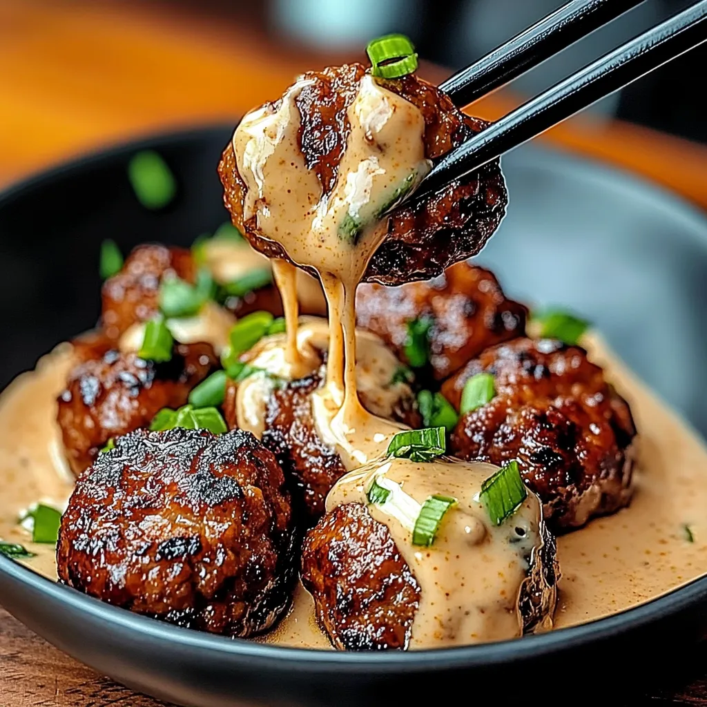 Ein schwarzer Teller mit Korean BBQ Meatballs und Spicy Mayo Dip.