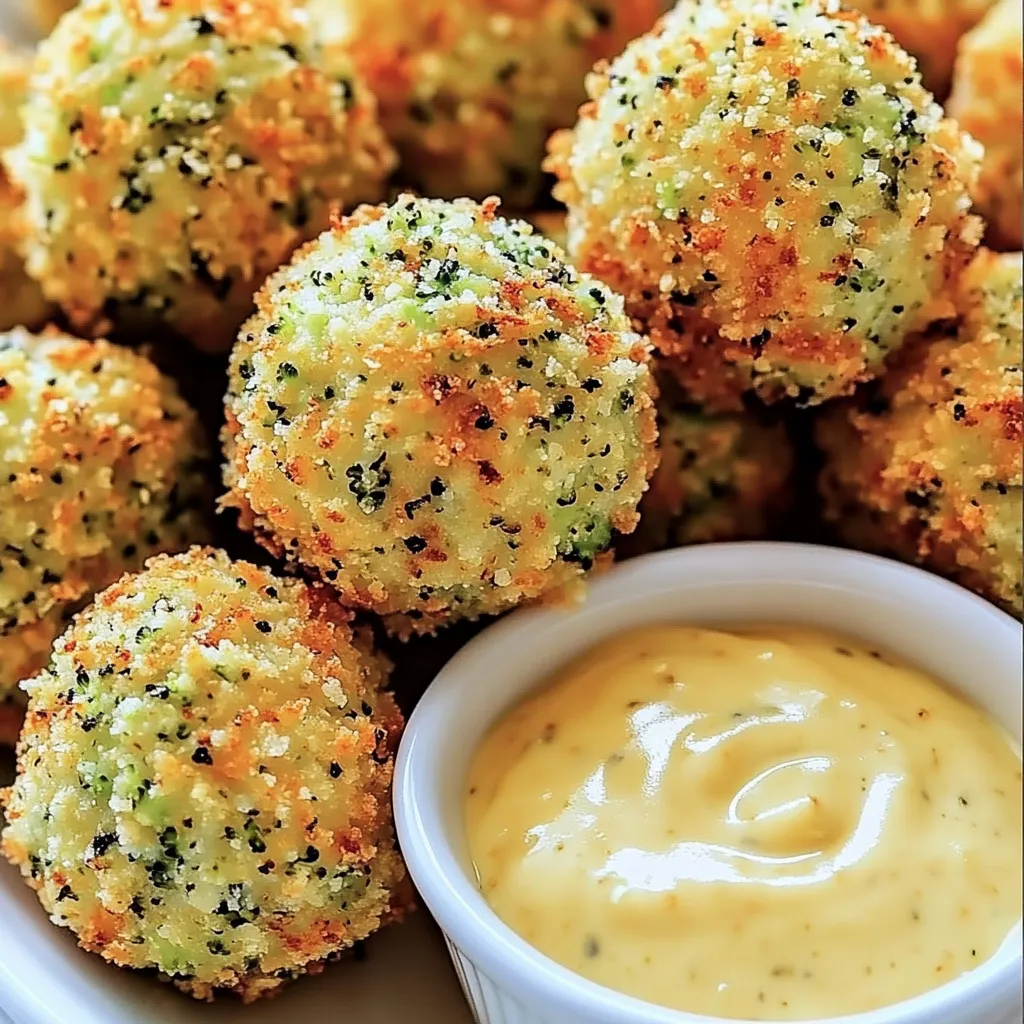 Ein weißer Teller mit Baked Broccoli Cheese Balls und einer Schüssel mit Sauce darüber.