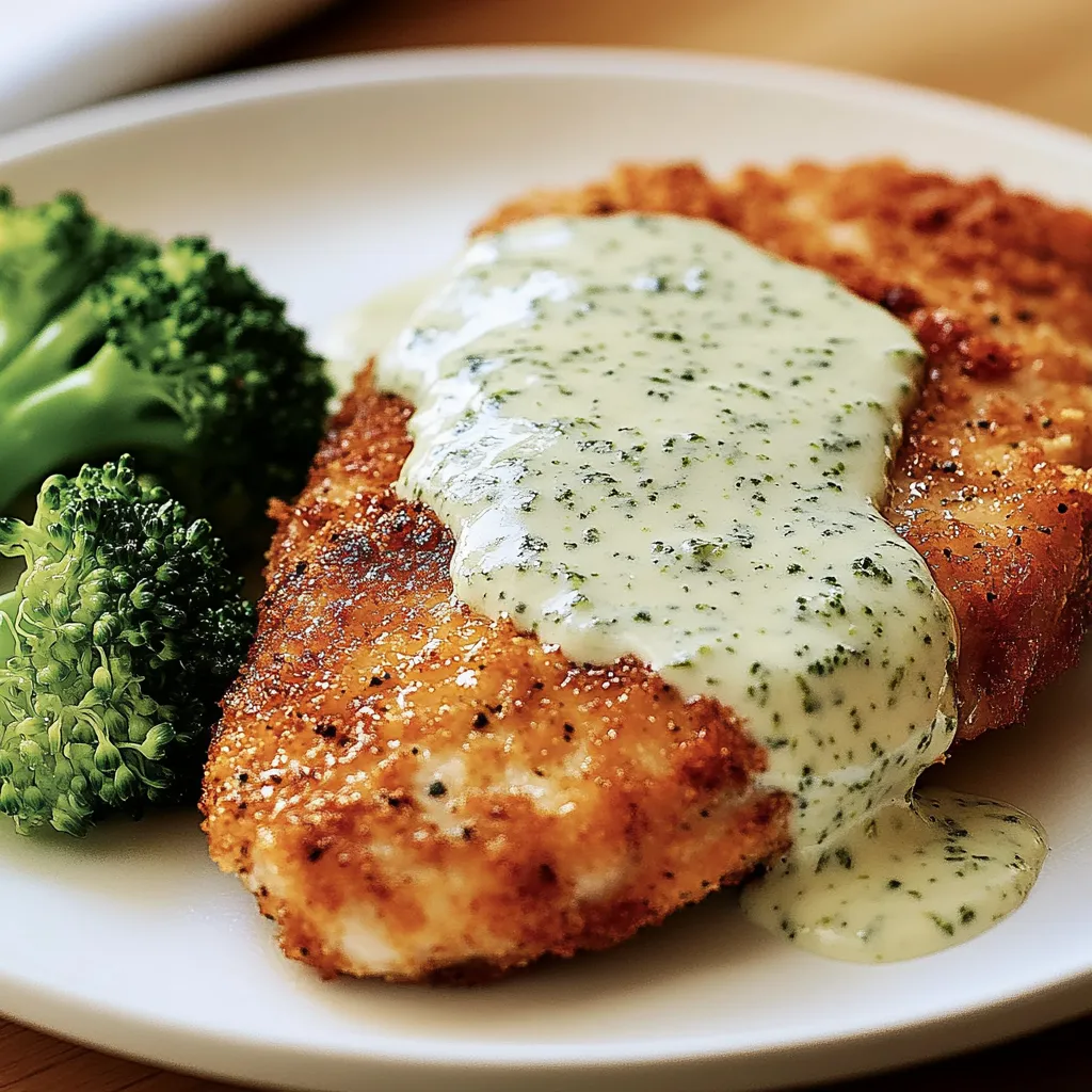 Ein Stück Chicken in einer Basilikum-Creme-Sauce.
