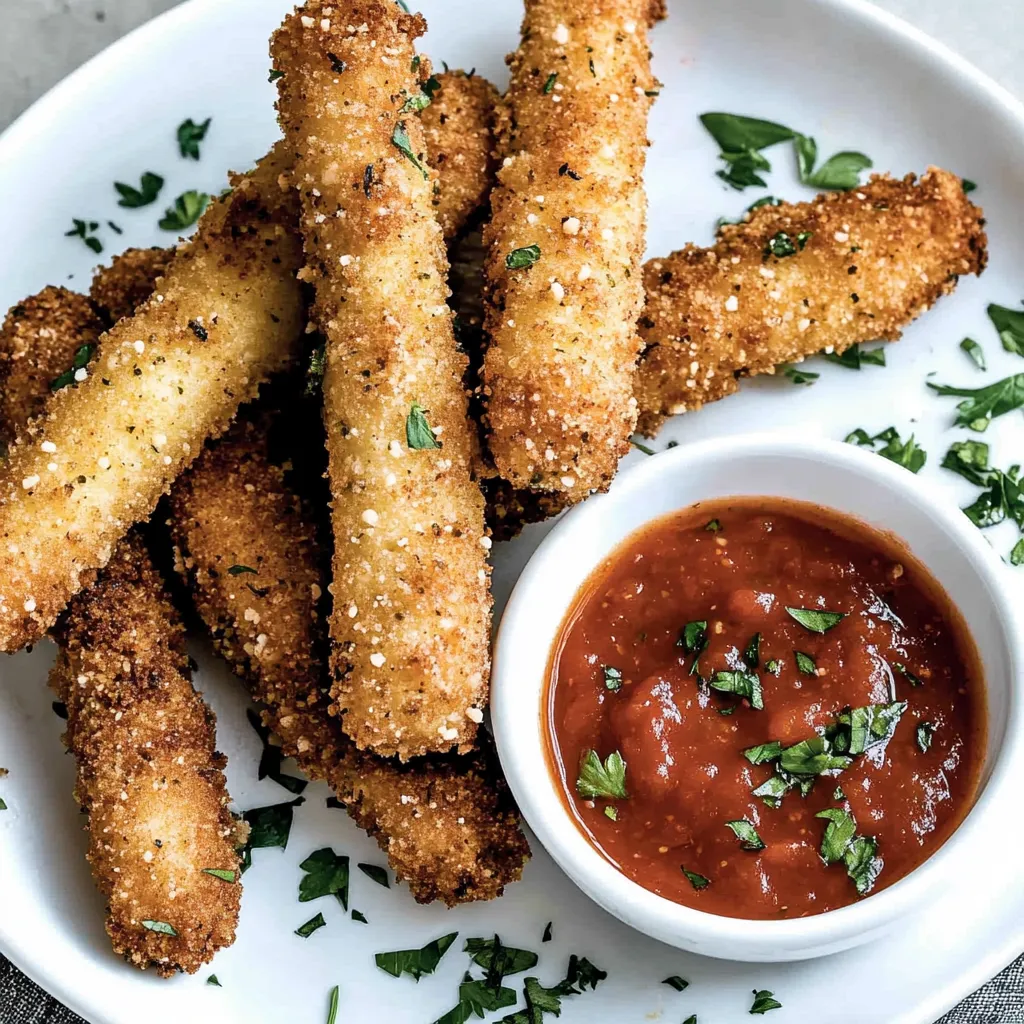 Ein weißer Teller mit Mozzarella Sticks und Tomatensoße.