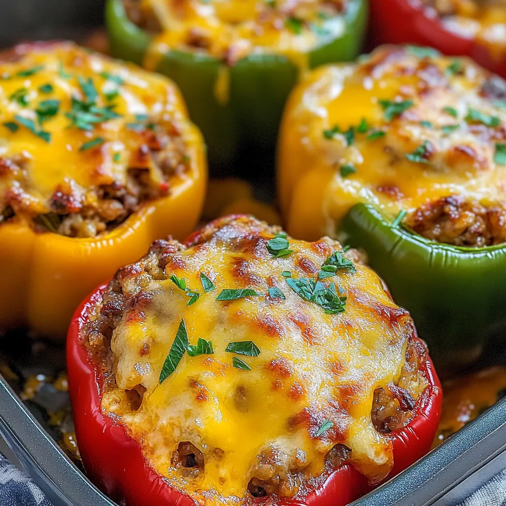 Ein Rezept für Stuffed Bell Peppers, die in einem schwarzen Teller mit einer Mischung aus Käse, Tomaten, Paprika und Zwiebeln zubereitet werden.