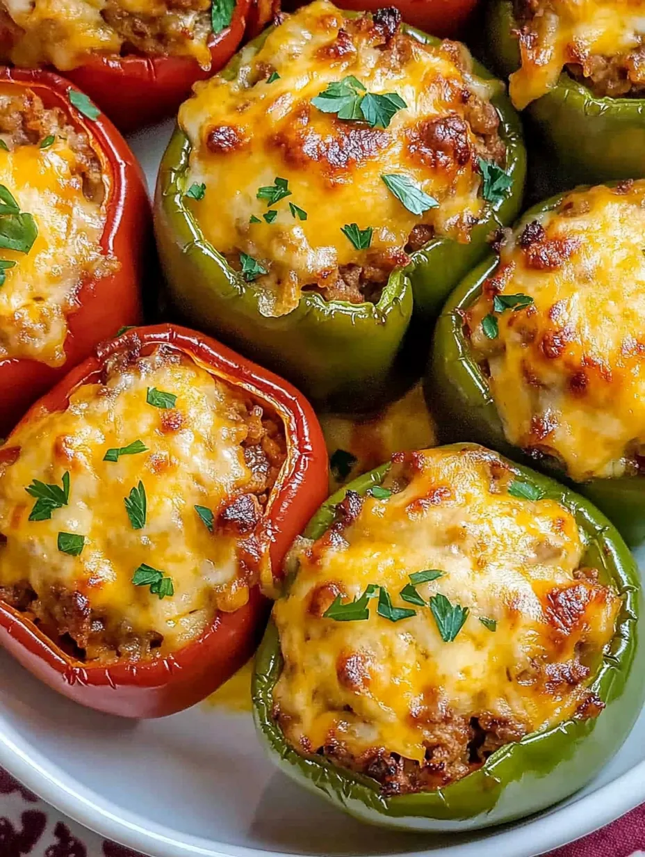 Ein weißer Teller mit sechs gegrillten Paprika, die mit Käse und Zwiebeln gefüllt sind.