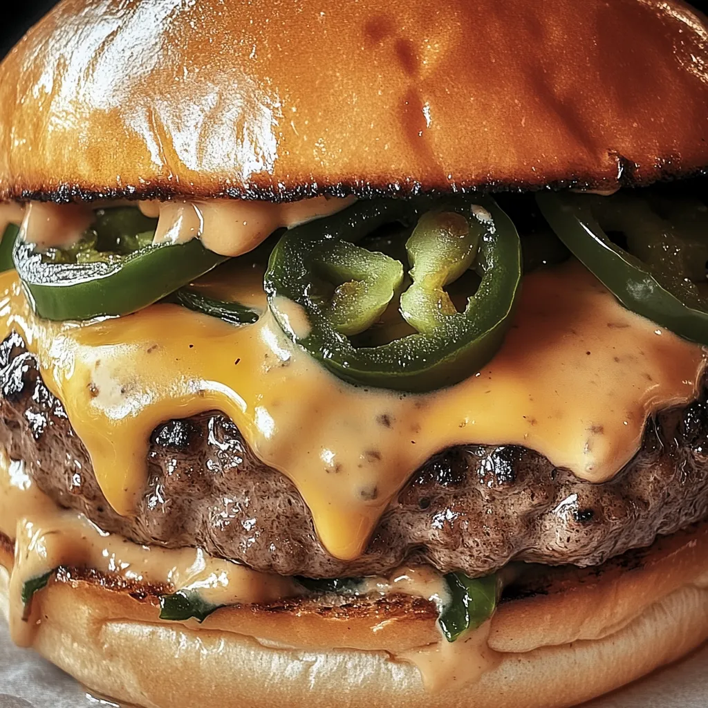Ein Jalapeño-Onion Smash Burger mit Käse und Tomaten.