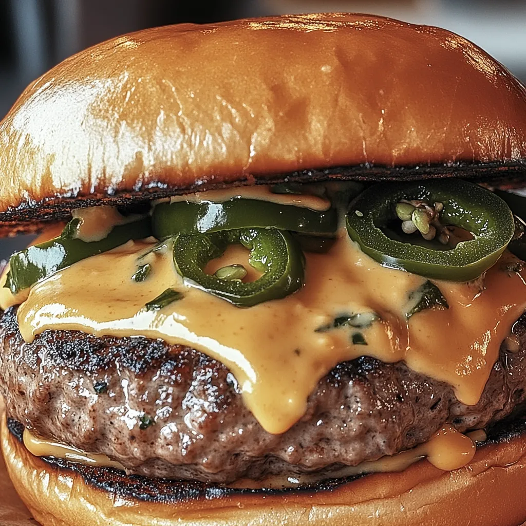 Ein großes Jalapeño-Onion Smash Burger mit Käse und Mayonnaise.