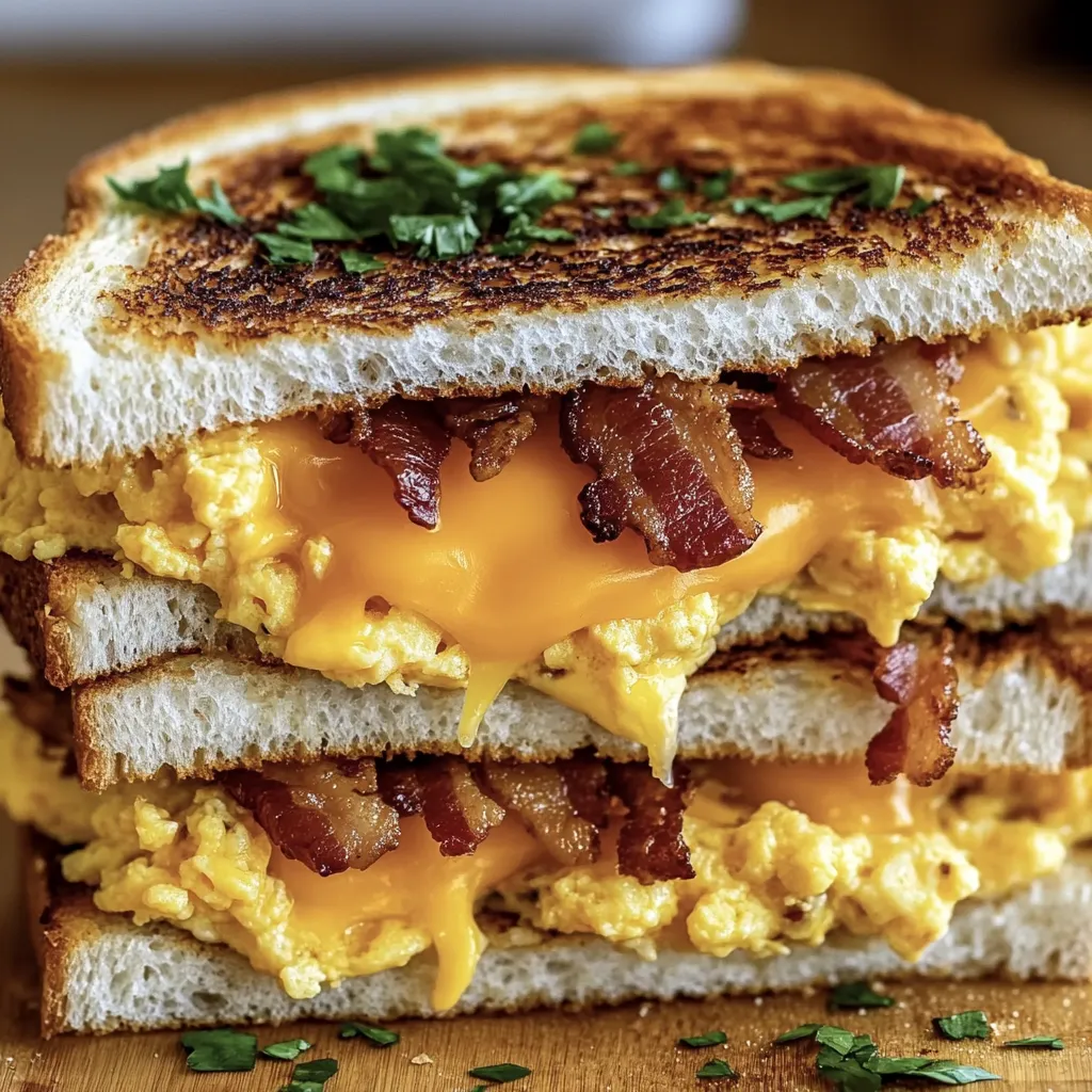 Ein Grilled Cheese Sandwich mit Bacon, Eiern und Koriander.