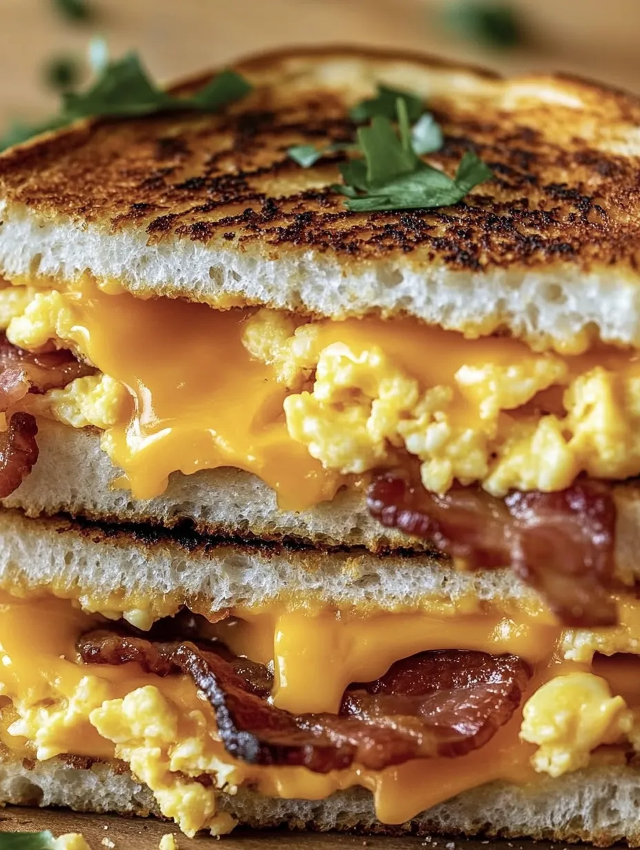 Ein Grilled Cheese Sandwich mit Bacon und Eiern.