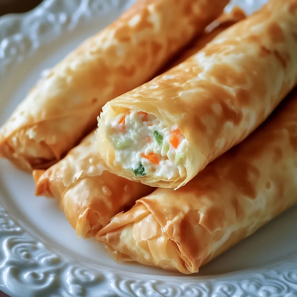Ein weißer Teller mit Crab Rangoon Egg Rolls darauf.