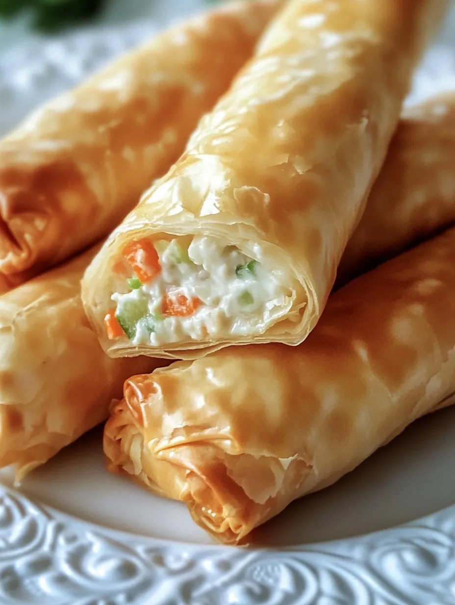 Ein weißer Teller mit Crab Rangoon Egg Rolls darauf.
