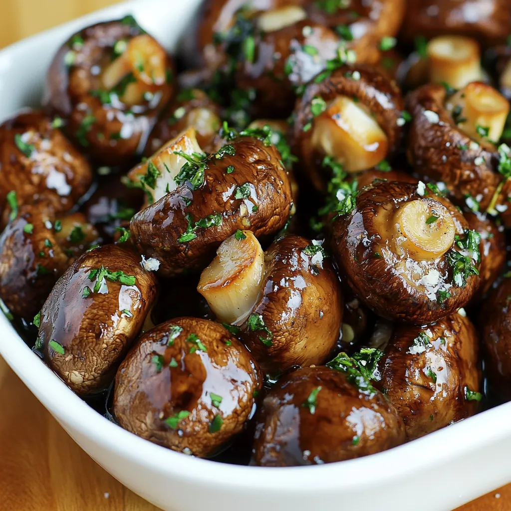 Ein weißer Teller mit Mushrooms, die in Balsamic Soy und Garlic getaucht sind.