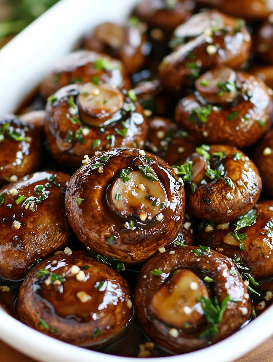Ein Glas mit Mushrooms, die in Balsamic Soy und Garlic getaucht sind.