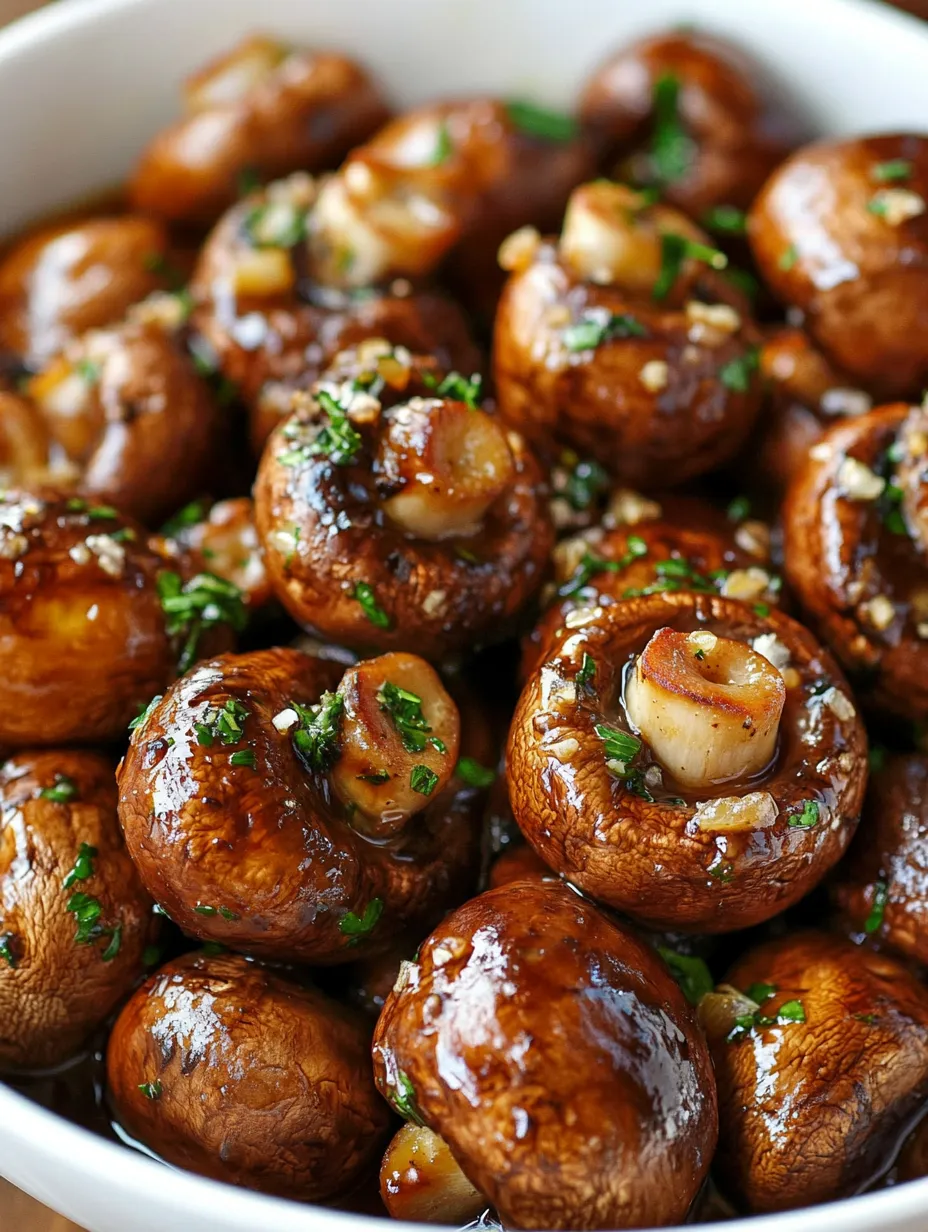 Eine Gruppe von Mushrooms, die in Balsamic Soy und Garlic getaucht sind, auf einem Teller.