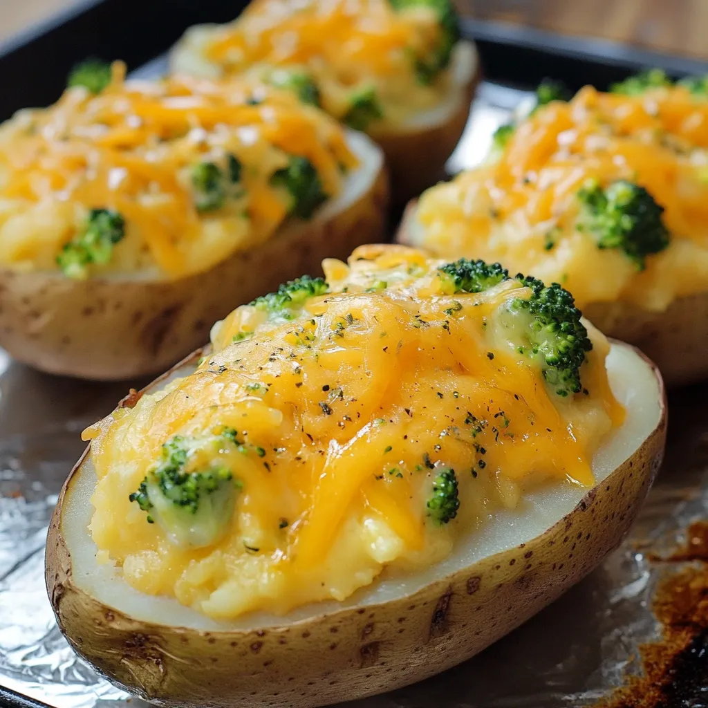 Zwei Scheiben von den besten Broccoli Cheddar Twice Baked Potatoes.