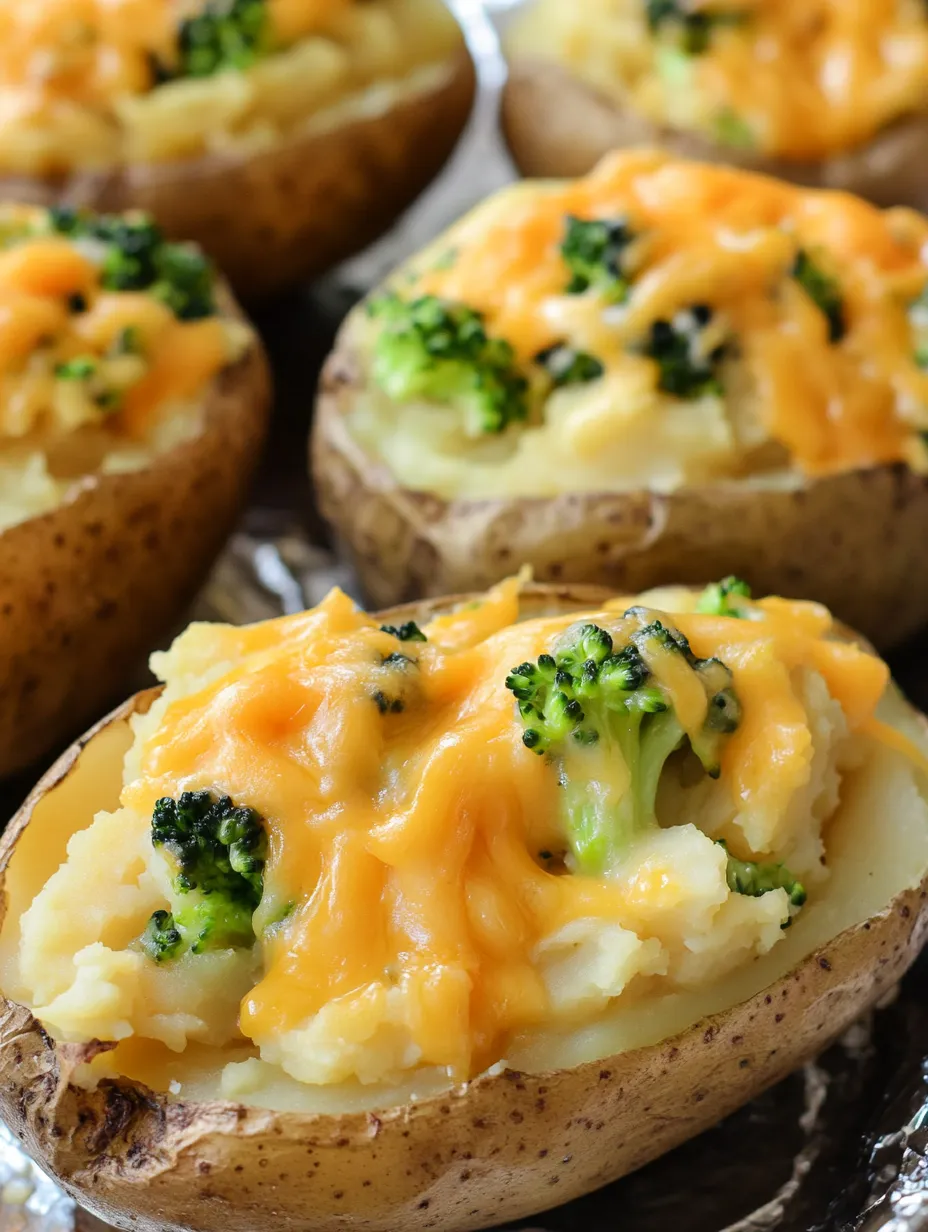 Ein Bild von Twice Baked Potatoes mit Broccoli.