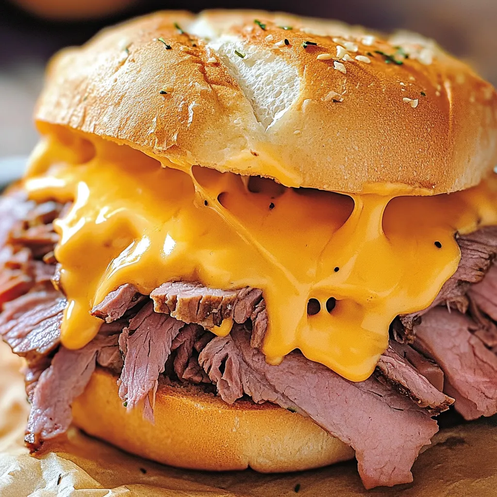 Ein Sandwich mit Käse und Rindfleisch, das wie ein Arby's Beef and Cheddar Sandwich aussieht.