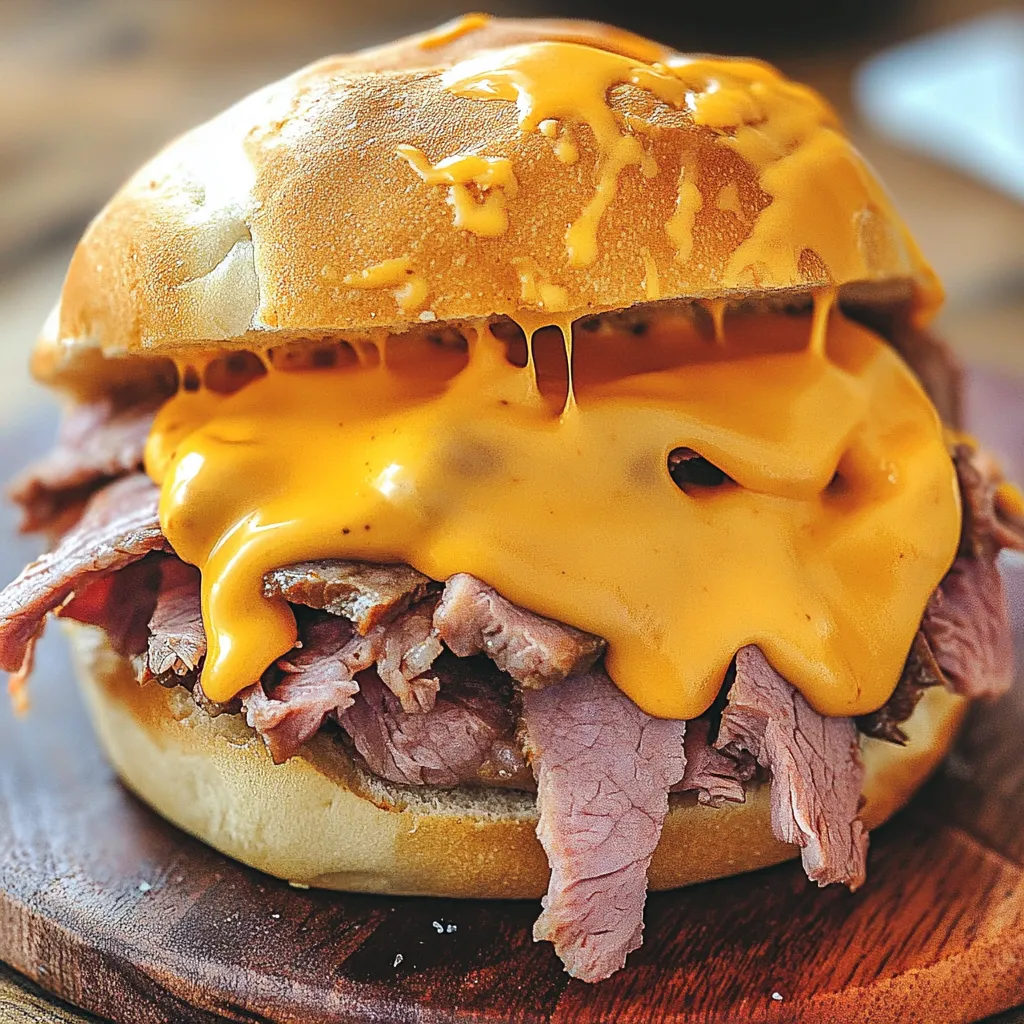 Ein Sandwich mit Käse und Rindfleisch, das wie ein Arby's Beef and Cheddar Sandwich aussieht.