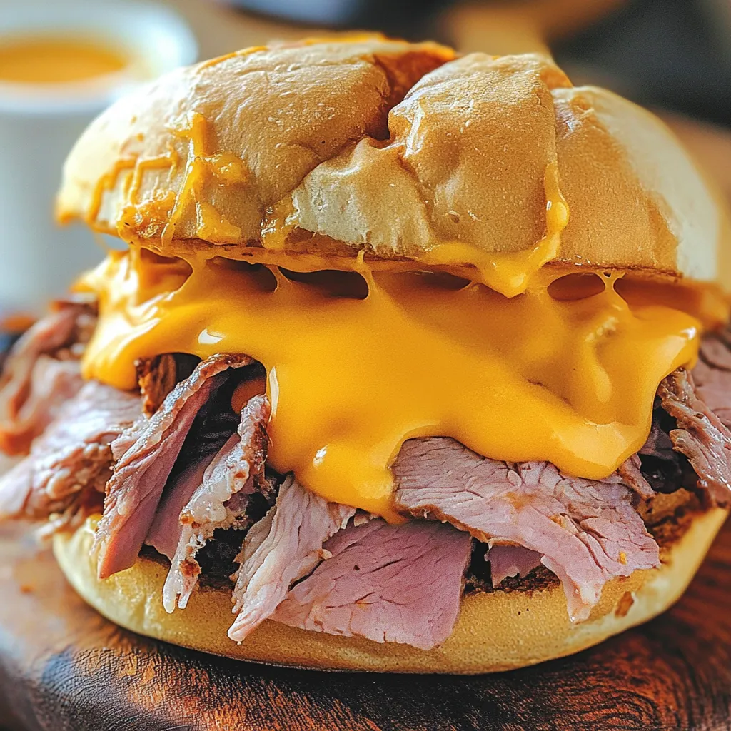Ein Sandwich mit Käse und Rindfleisch, das wie ein Arby's Beef and Cheddar Sandwich aussieht.
