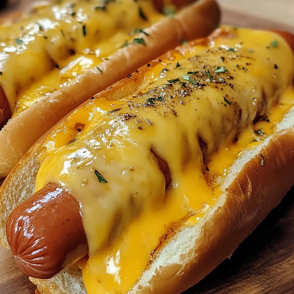 Zwei Hot Dogs mit grilled cheese sind auf einem Tisch.