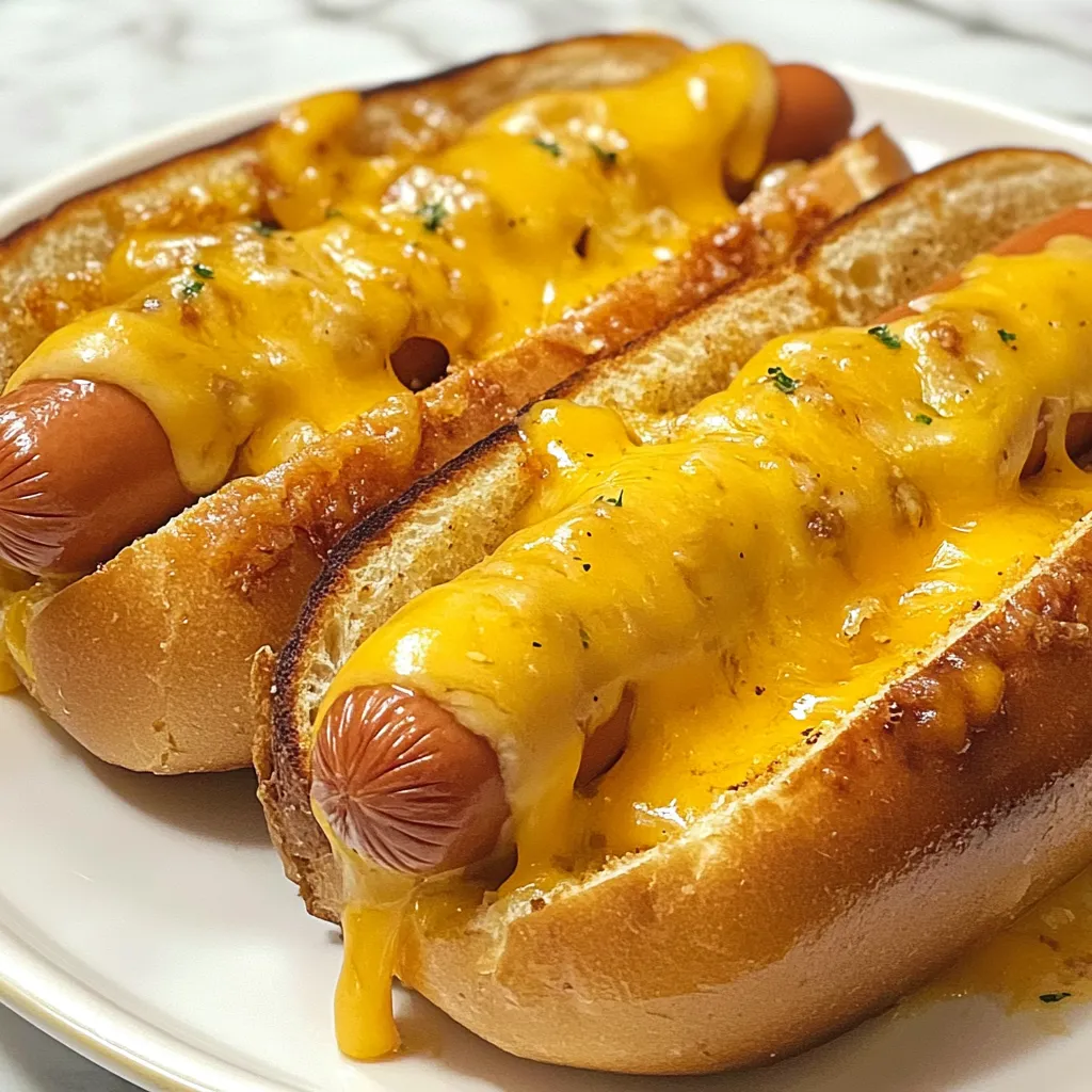 Zwei Hot Dogs mit grilled cheese und pikanten Zutaten auf einem weißen Teller.