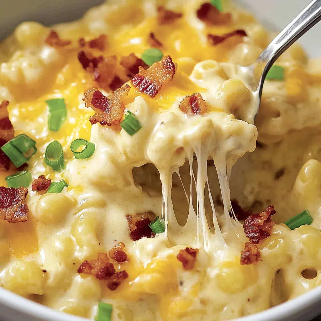 Ein weißer Teller mit Mac and Cheese, der mit Bacon und Zwiebeln garniert ist.
