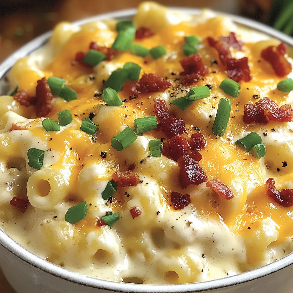 Ein weißer Becher mit Mac and Cheese, der mit Bacon und Zwiebeln garniert ist.