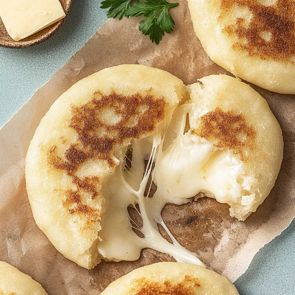 Ein Stück Arepas mit Queso auf einer Schüssel.