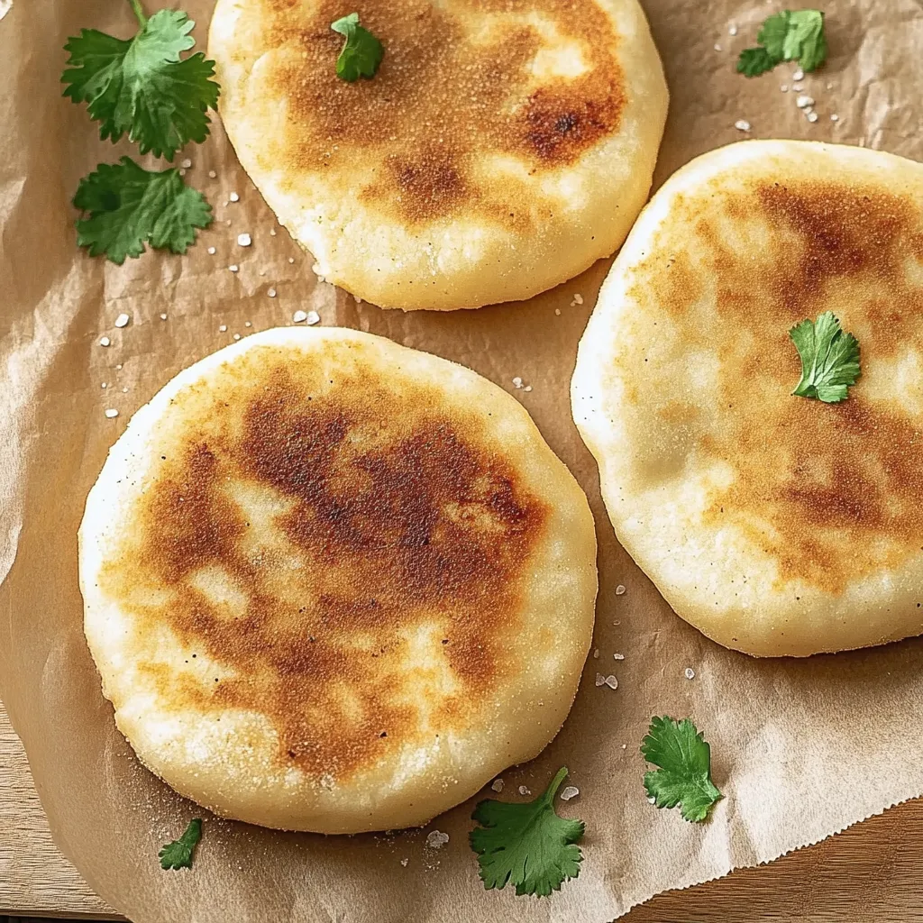 Zwei Arepas mit Queso auf einer Tischplatte.