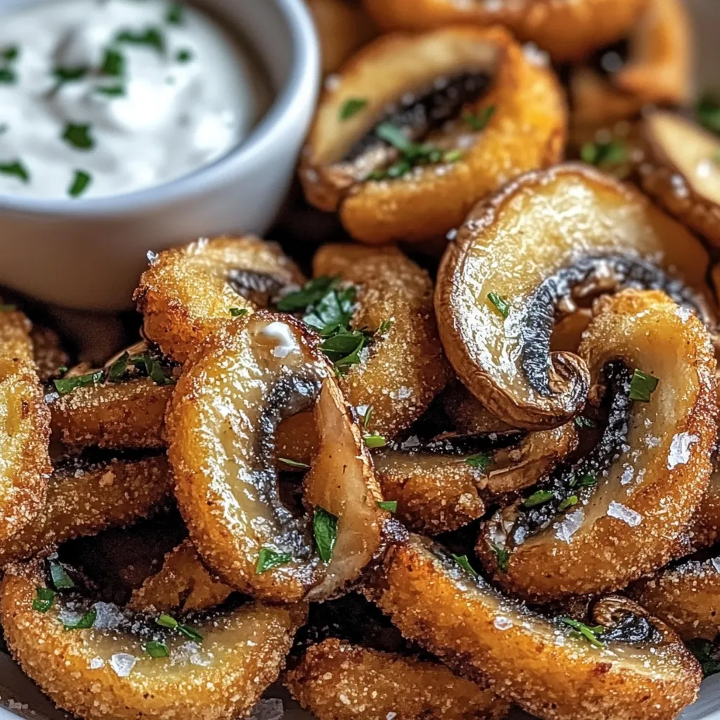 Eine Platte mit frisierten Champignons, die mit Ranch-Dressing serviert werden.