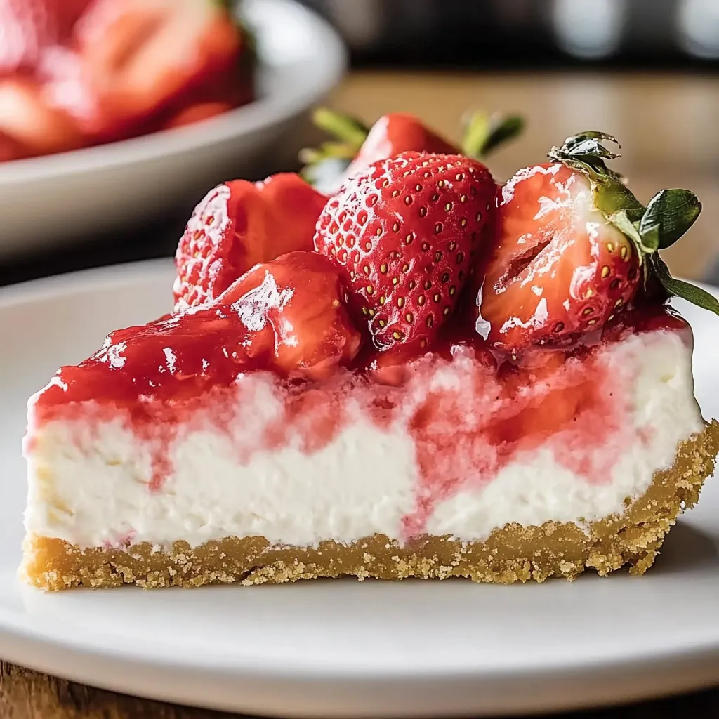 Ein Stück Strawberry Cheesecake auf einem weißen Plate.