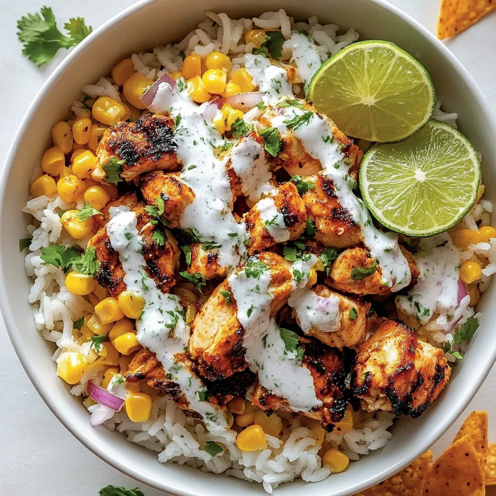 Ein Street Corn Chicken Rice Bowl mit gegrilltem Chicken, Rice, Kokosmelasse, Lime, Onion, Tomat und Koriander.