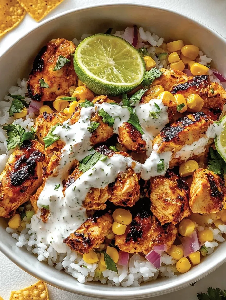 Ein Street Corn Chicken Rice Bowl mit Zwiebeln, Lime und Mayonnaise.