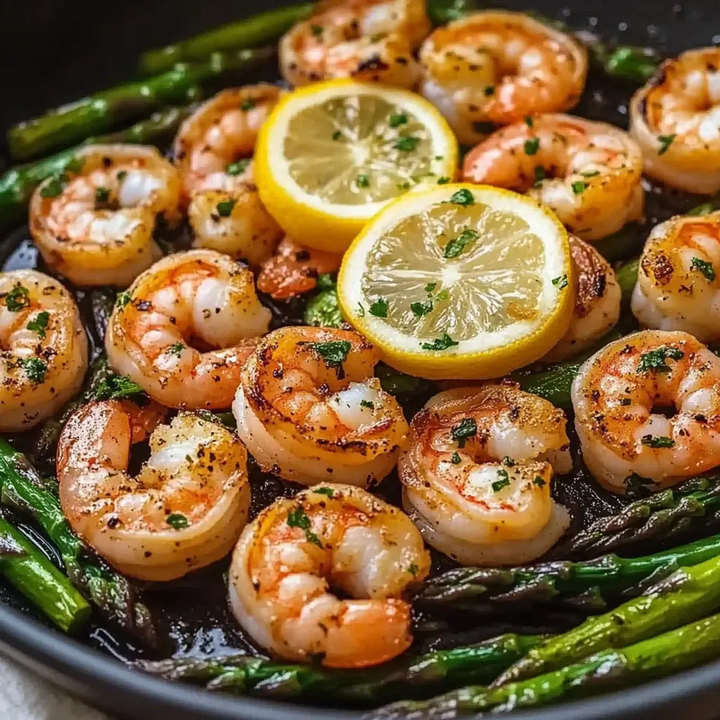 Eine Schüssel mit Shrimp, Asparagus und Zitrone.