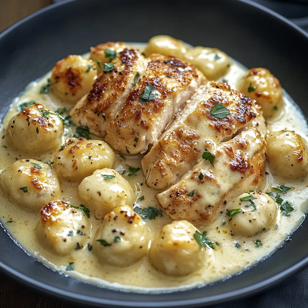 Ein Schüssel mit Asiago Chicken Gnocchi, die in einer cremigen Sauce serviert werden.