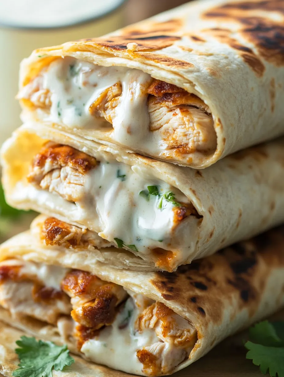 Chicken Ranch Wraps mit cremiger Sauce und grünen Zutaten.