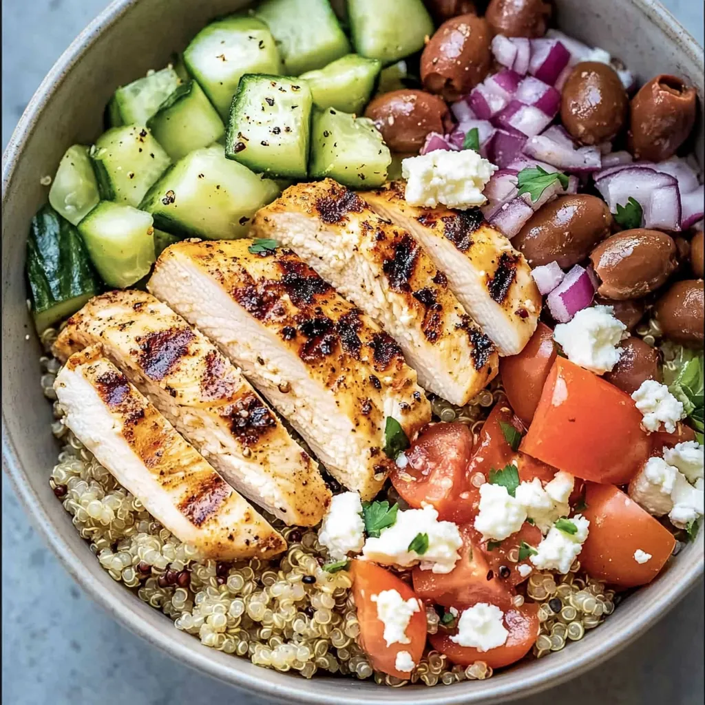 Ein griechischer Chicken-Bowl mit verschiedenen Zutaten wie Tomaten, Zucchini, Oliven, Kichererbsen, Basilikum und Feta-Käse.