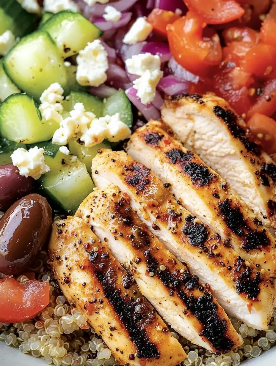 Ein griechischer Chicken-Bowl mit Zwiebeln, Tomaten, Gurken, Oliven und Feta-Käse.