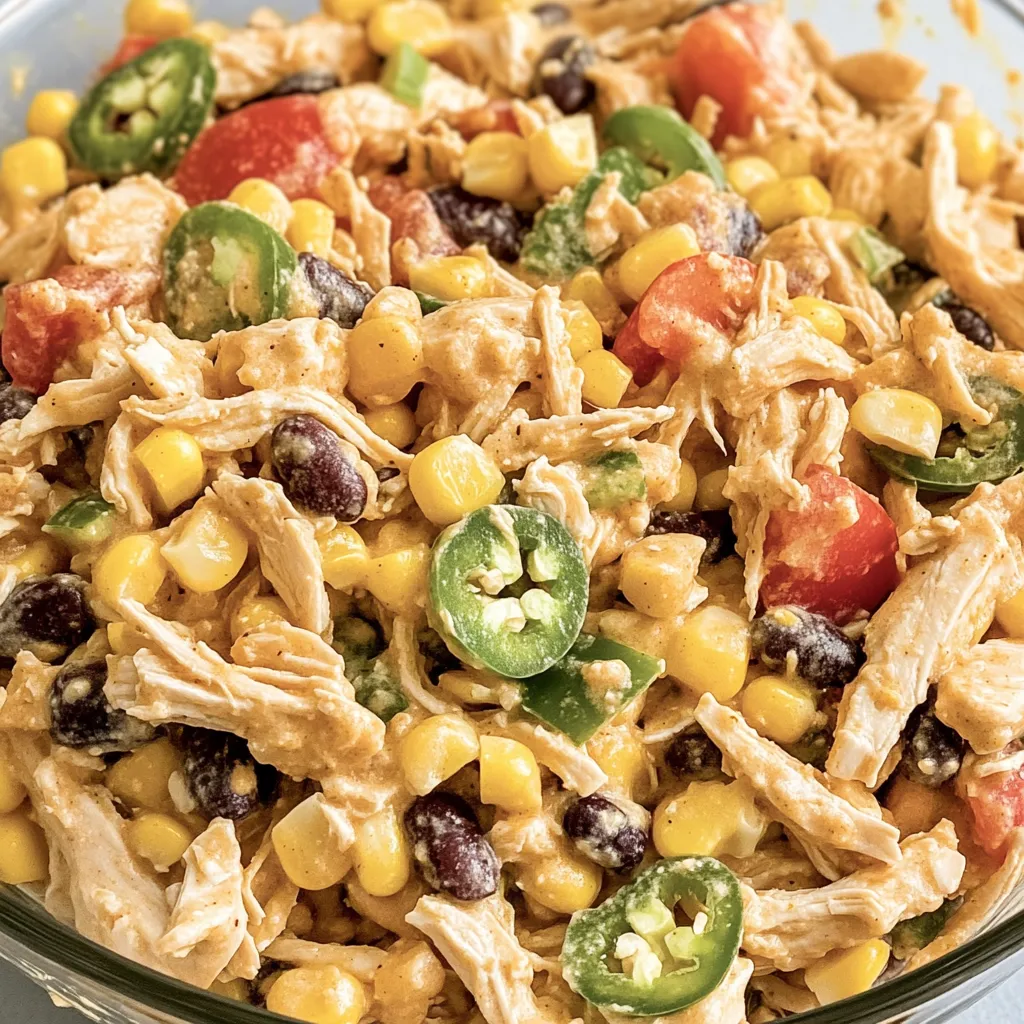 Ein Glas mit einer Mischung aus Gemüse und Chicken, die als "Quick Southwest Chicken Salad" bezeichnet wird.