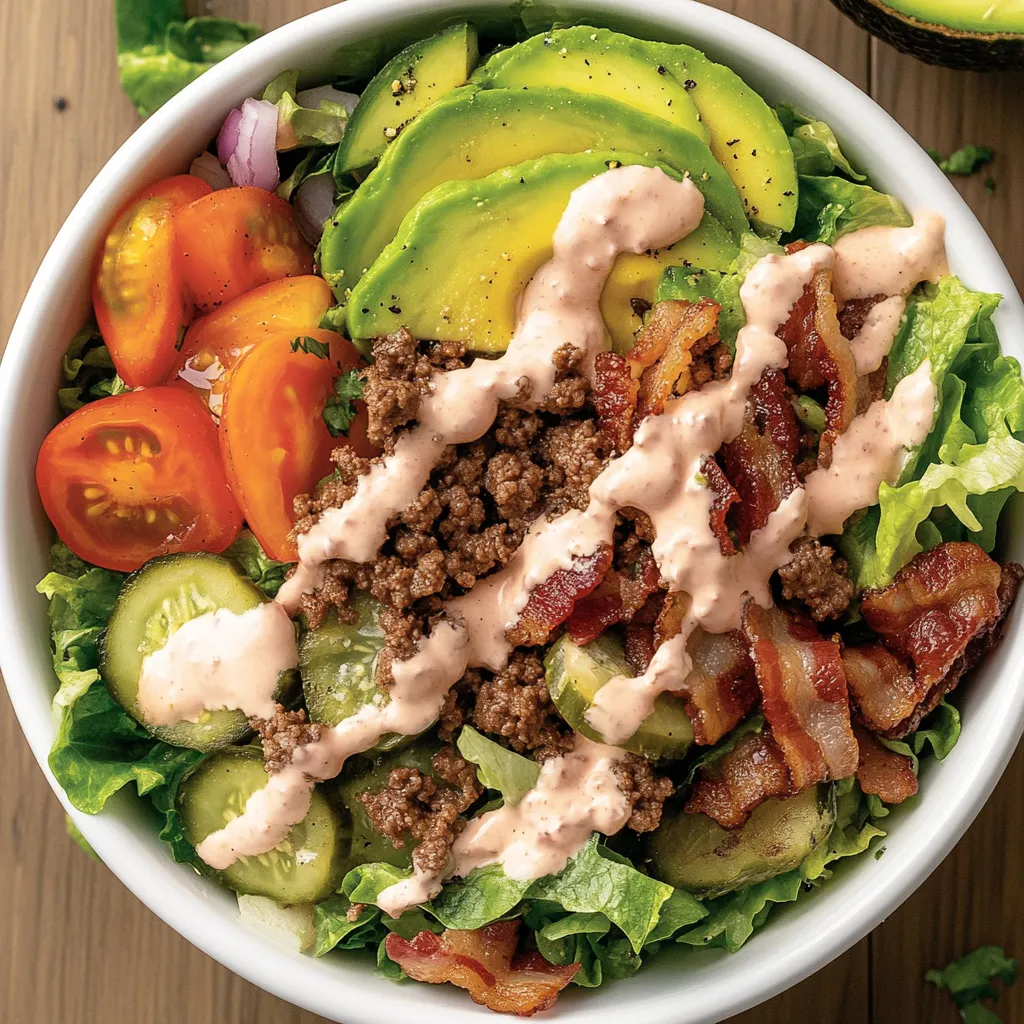 Ein vollständig beladener Burger-Bowl mit "Sonder-Sauce".
