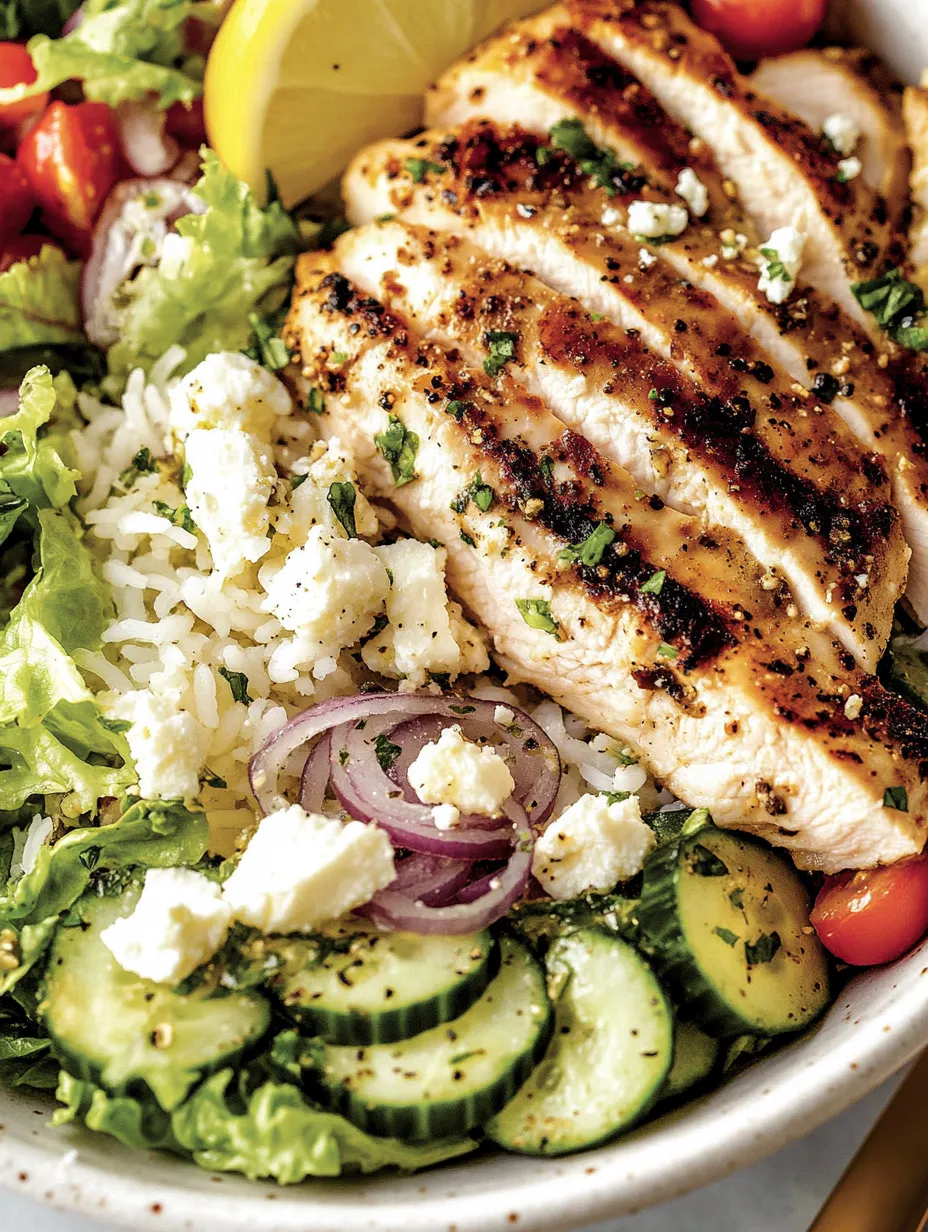 Ein griechischer Chicken-Bowl mit Zwiebeln, Tomaten, Onions, Rice und Feta-Käse.