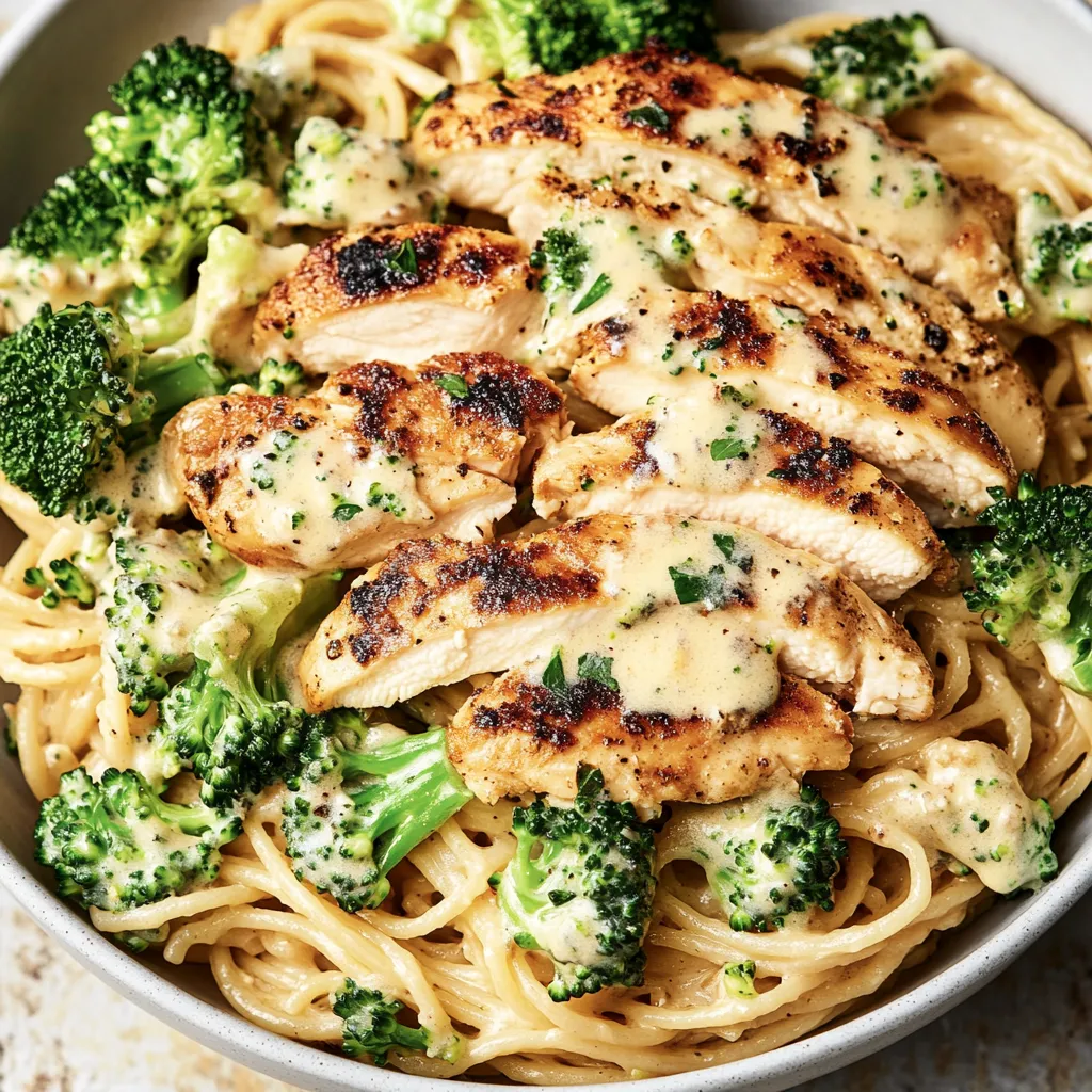 Ein Bild von einer Low Calorie Chicken Alfredo, die in einem Becher mit Pasta und Broccoli serviert wird.