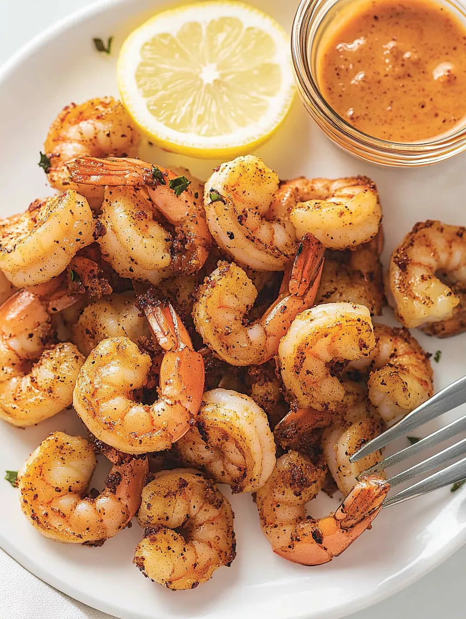 Eine Platte mit Shrimp, die in einer Sauce gegeben sind.