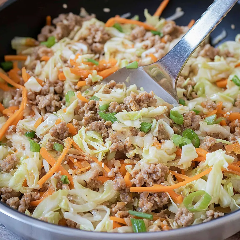 Ein Egg Roll in einem Topf mit verschiedenen Zutaten wie Kartoffeln, Zwiebeln, Rindfleisch, Sauerkraut und Koriander.