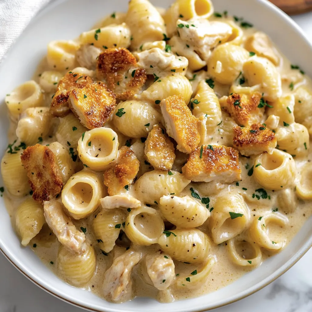 Ein weißer Teller mit Pasta, Chicken und Zwiebeln.