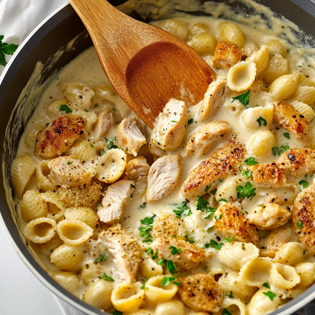 Eine Schüssel mit Pasta, Chicken und Sauce.