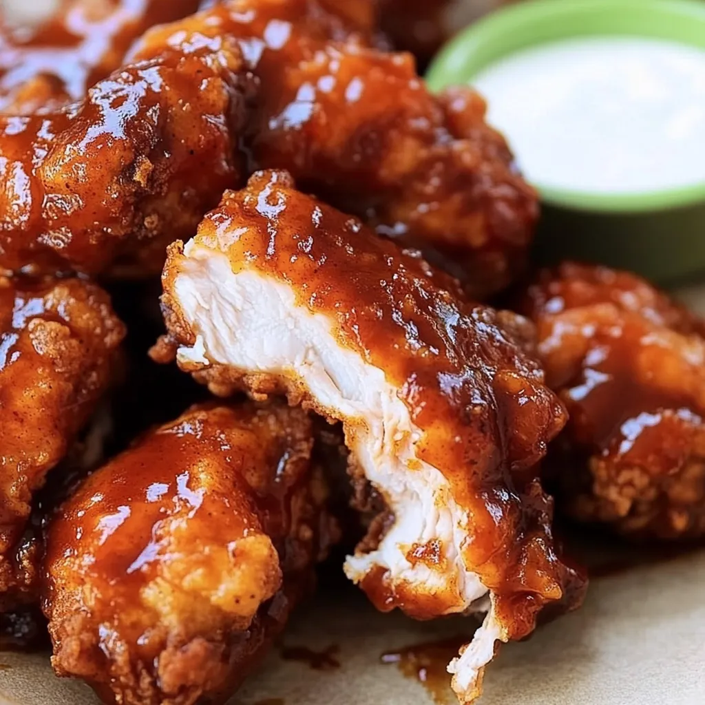 Ein Bild von Honey BBQ Chicken Strips, die auf einem Teller liegen.