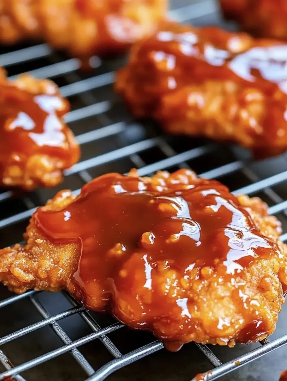 Ein Stück Honey BBQ Chicken Strips auf einem Grill.