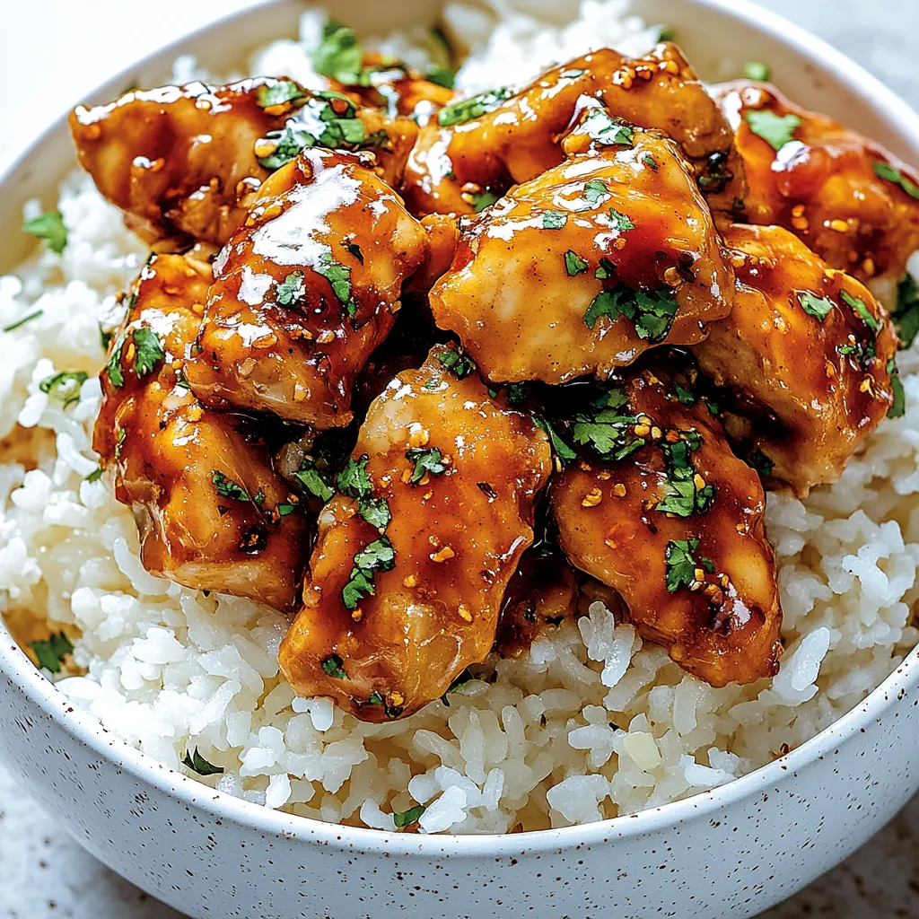Ein Glas mit Honey Garlic Chicken und Reis.