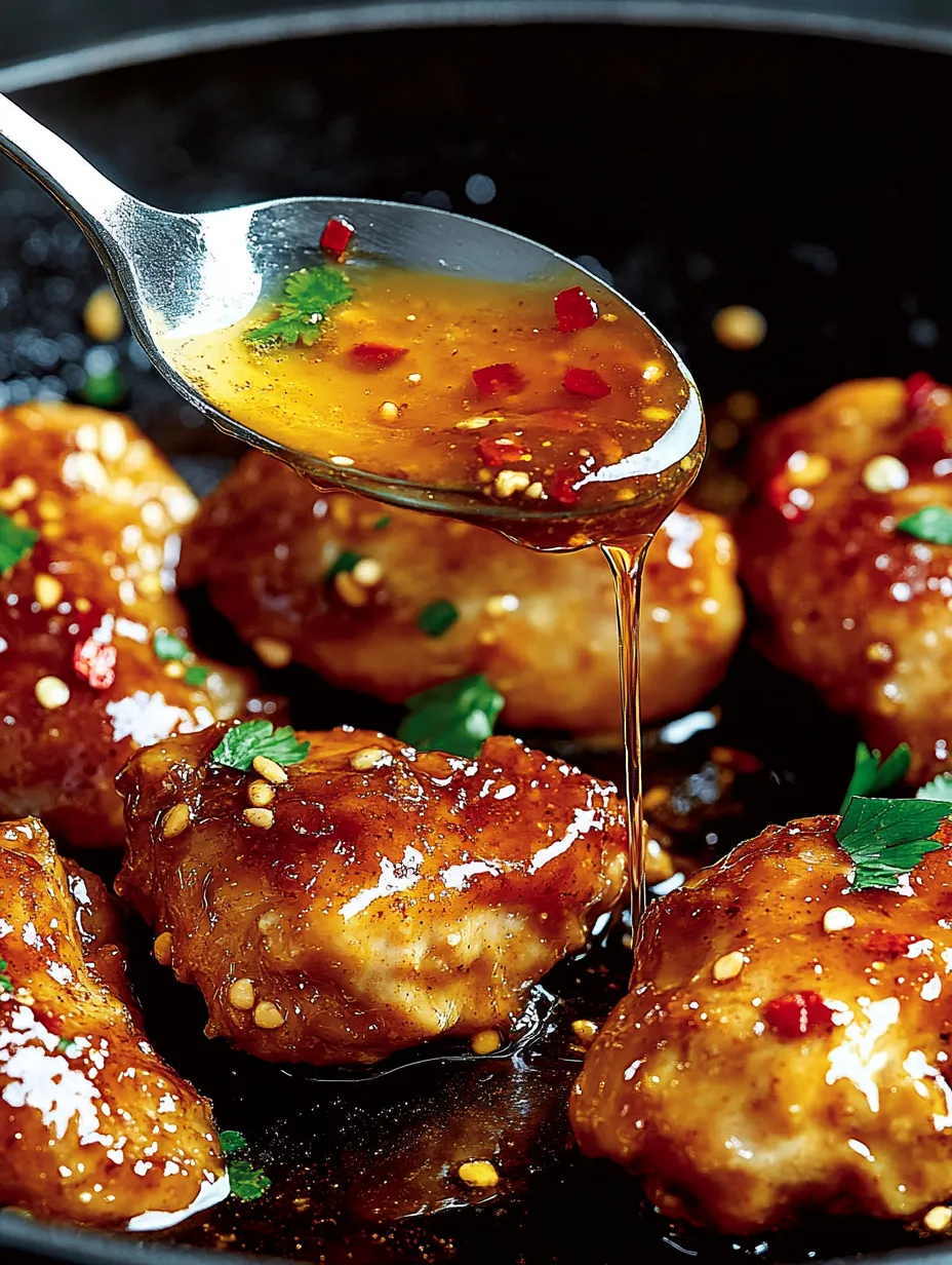 Ein Bild von Hühnchen, das in einer Sauce aus Honig und Chili gart.