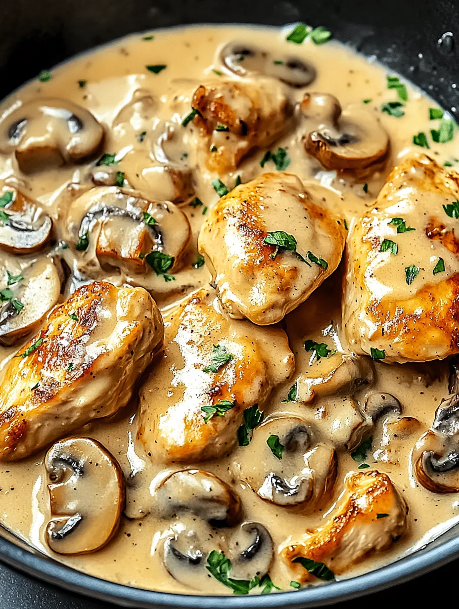 Eine Schüssel mit Chicken, die in einer cremigen Mushroom-Sauce getaucht sind.