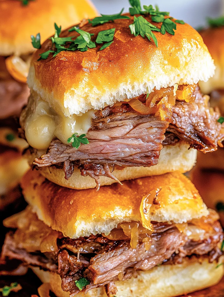 Eine Schicht von Easy French Dip Sliders Recipe, die aus Steak, Sauce und Zwiebeln besteht.